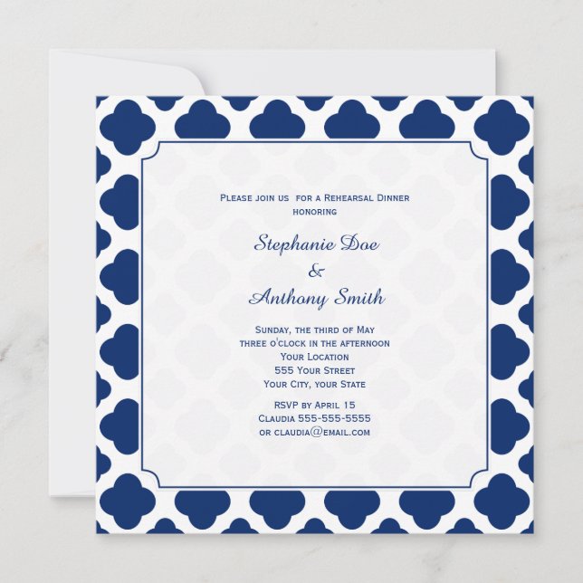 Monogram Royal Blue Quatrefoil Rehearsal Middag Inbjudningar (Framsida)