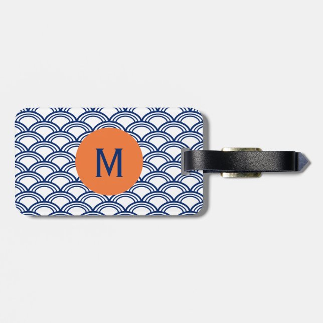 Monogram Royal Blue Seigaiha Mönster med Orange Bagagebricka (Baksida Vågrät)
