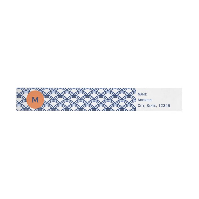 Monogram Royal Blue Seigaiha Mönster med Orange Etikettband (Individuell)