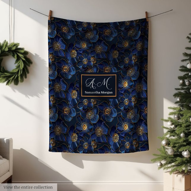 Monogram Royalblå Kastrull Modern Guld Blommor Fleecefilt (Monogram Royal Blue Throw Modern Gold Flowers)