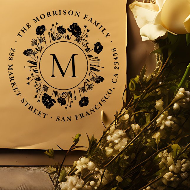Monogram Rund Returadress för botaniskt andedräkt Stämpel (Skapare uppladdad)