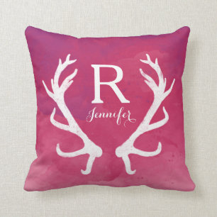Monogram Rustic Antlers Watercolor Bright Rosa Kudde