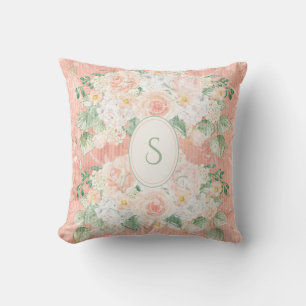 Monogram Rustic Blommigt Grönt Peach Dekorativ kud Kudde