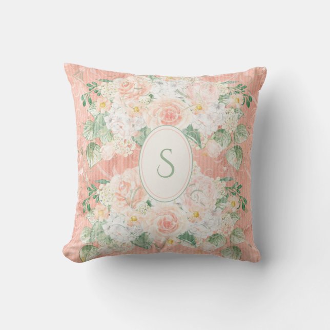 Monogram Rustic Blommigt Grönt Peach Dekorativ kud Kudde (Framsida)