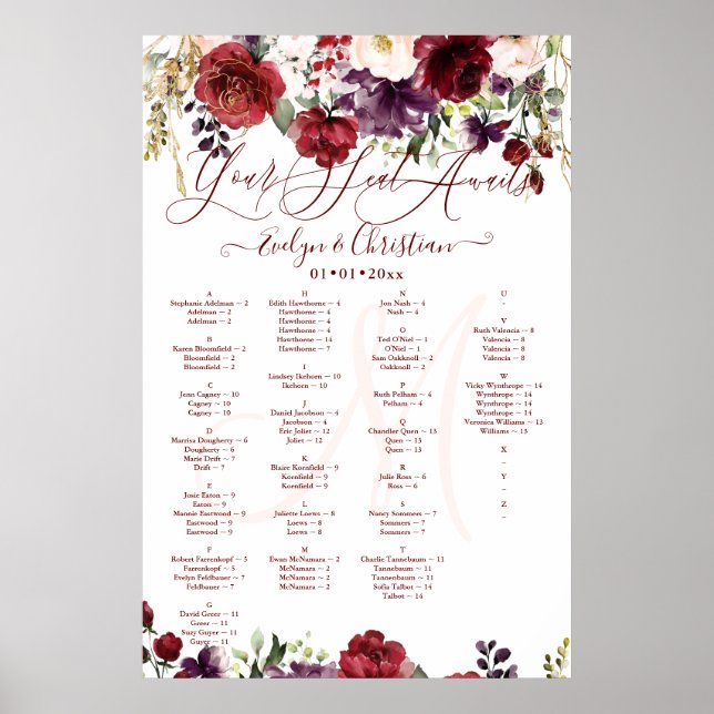 Monogram Rustic Bloom  Burgundy Dusty Lila Poster (Framsidan)