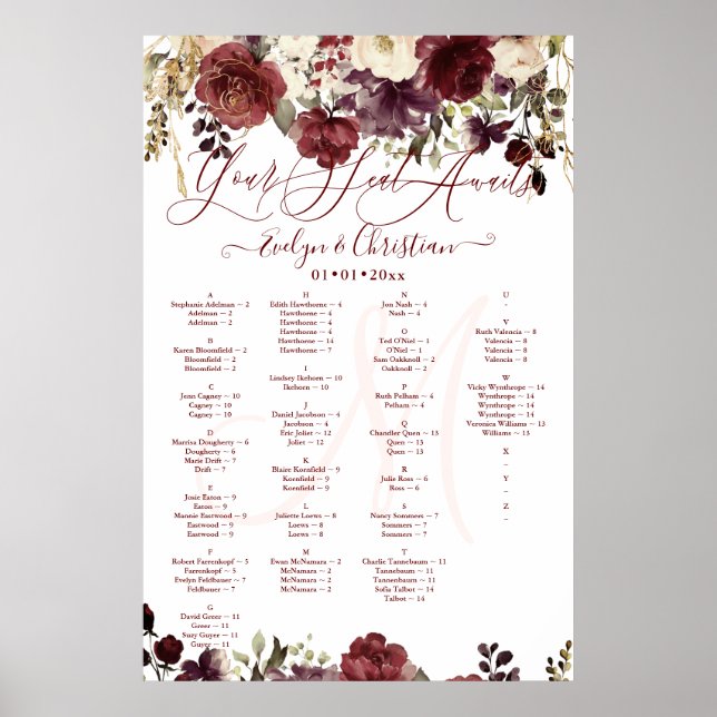 Monogram Rustic Bloom  Burgundy Fall Färg Poster (Framsidan)