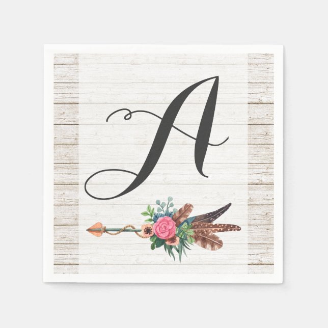Monogram Rustic Bohemian Feathers Arrow Bröllop Pappersservett (Framsidan)