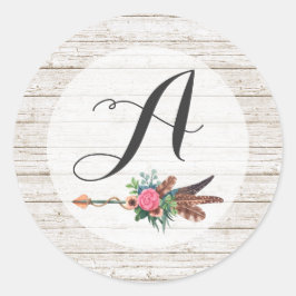 Monogram Rustic Bohemian Feathers Arrow Bröllop Runt Klistermärke