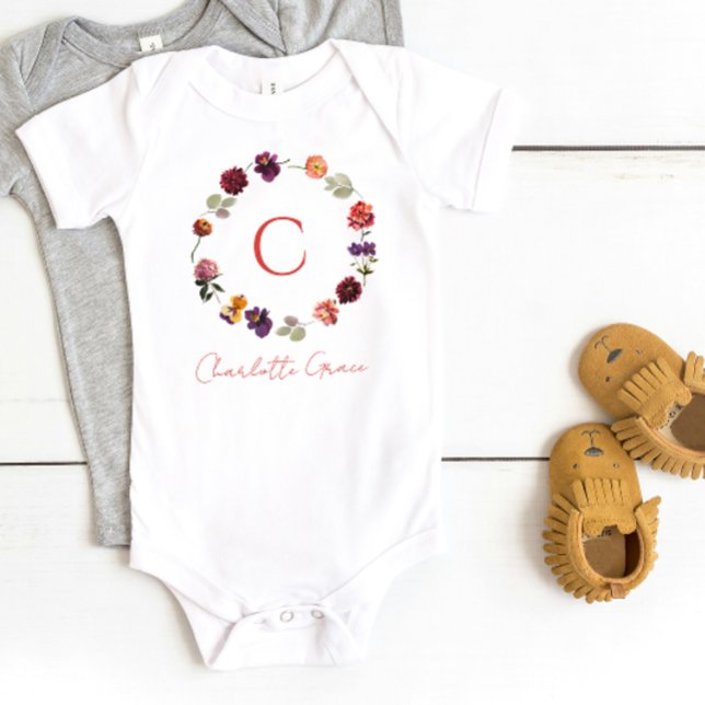 Monogram Rustic Boho Blommigt Vattenfärgning Utand T Shirt (Baby Bodysuit)