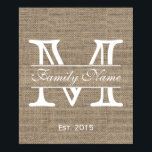 Monogram Rustic Burlap-familjen Namn Poster<br><div class="desc">Monogram Rustic Burlap Family Namn Poster.</div>