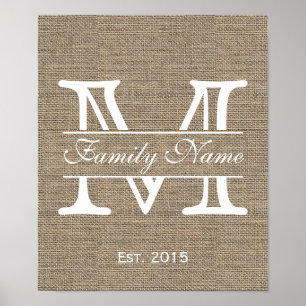 Monogram Rustic Burlap-familjen Namn Poster