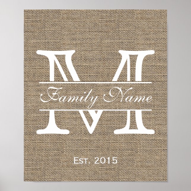 Monogram Rustic Burlap-familjen Namn Poster (Framsidan)