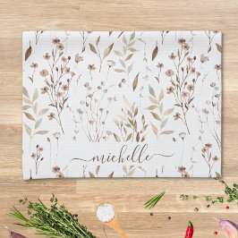 Monogram Rustic Elegant Brown Wildblommor Löv Kökshandduk