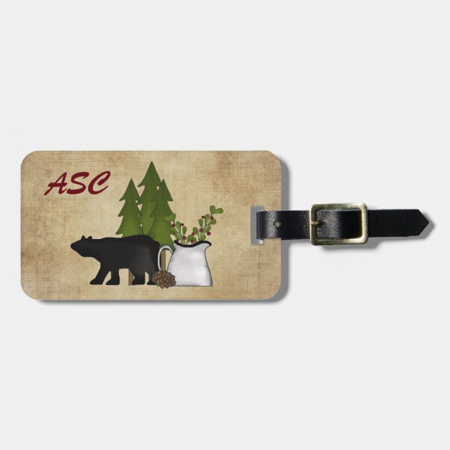 Monogram Rustic Land Mountain Silhouette Bear Bagagebricka (Horisontell Framsida)