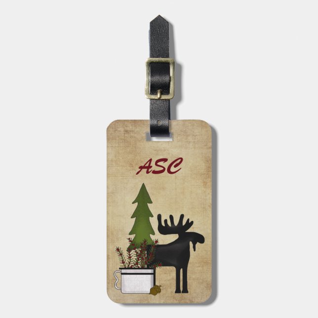Monogram Rustic Land Mountain Silhouette Moose Bagagebricka (Vertikal Framsida)