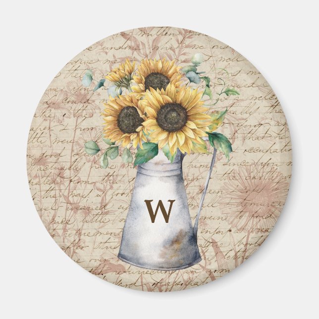 Monogram Rustic Solros Vintage Brev Decoupage Magnet (Framsidan)