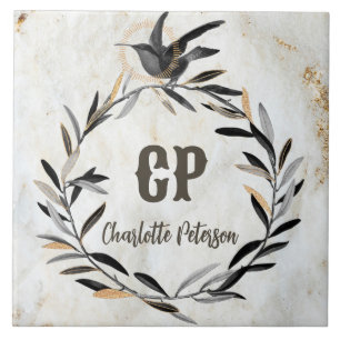 Monogram Rustic White Marble Bird Wand Anpassnings Kakelplatta