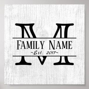 Monogram Rustic White Wood Family Namn Poster