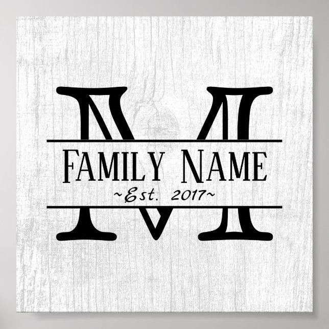 Monogram Rustic White Wood Family Namn Poster (Framsidan)