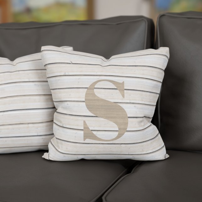 Monogram Rustic Wood look Beige Dekorativ kudde (Add your initial to this beach hut inspired throw pillow)