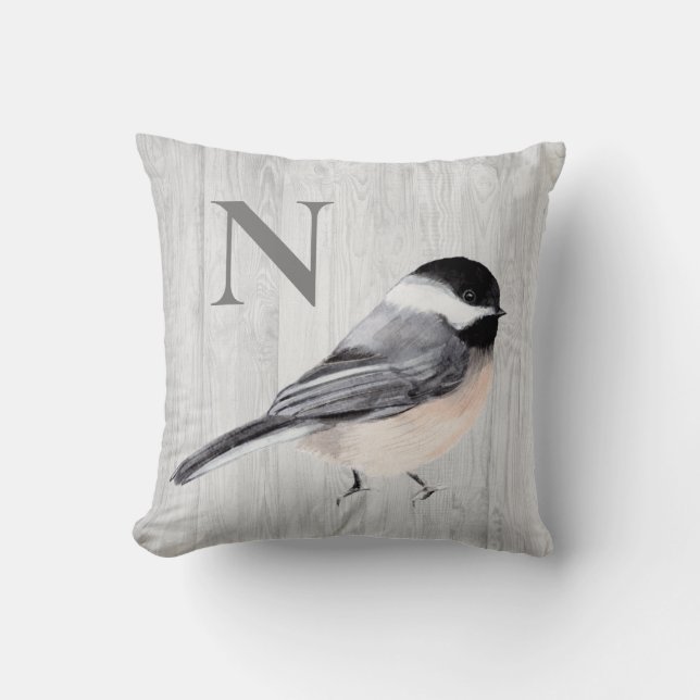Monogram Rustic Woodgrain Watercolor Bird Kudde (Framsida)