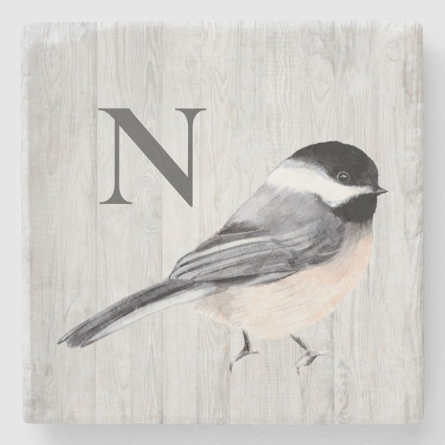Monogram Rustic Woodgrain Watercolor Bird Stenunderlägg (Framsidan)