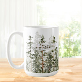 Monogram Rustik Akvarell Grön Skog Kaffemugg