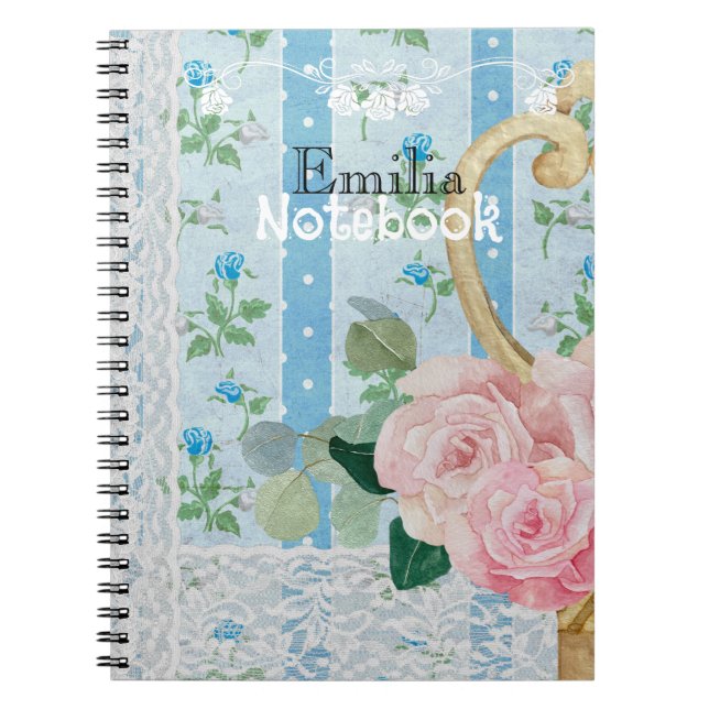 Monogram rustik blomster rosa Blå Antik konstverk Anteckningsbok (Framsidan)