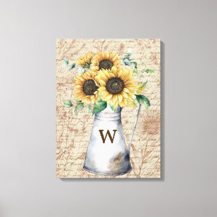 Monogram Rustik Solros Vintage Bokstavsdecoupage Canvastryck
