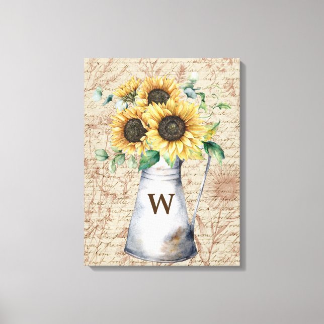 Monogram Rustik Solros Vintage Bokstavsdecoupage Canvastryck (Framsida)
