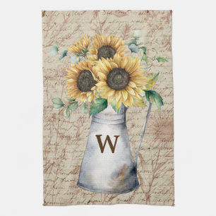 Monogram Rustik Solros Vintage Bokstavsdecoupage Kökshandduk