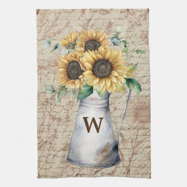 Monogram Rustik Solros Vintage Bokstavsdecoupage Kökshandduk (Vertikal)