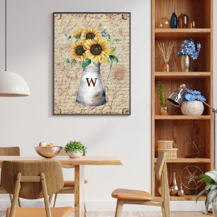 Monogram Rustik Solros Vintage Bokstavsdecoupage Poster