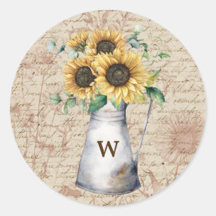 Monogram Rustik Solros Vintage Bokstavsdecoupage Runt Klistermärke