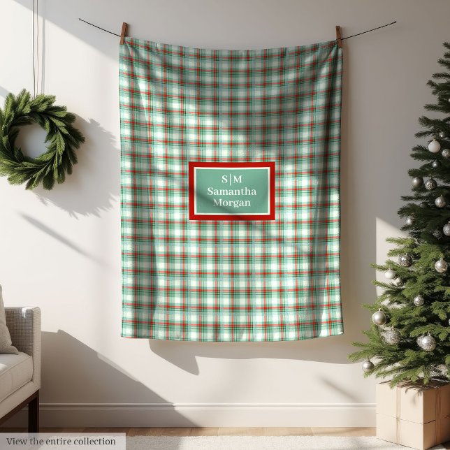 Monogram Rutig Filta Röd Grön Jul Chic Fleecefilt (Monogram Plaid Blanket Red Green Christmas Chic)