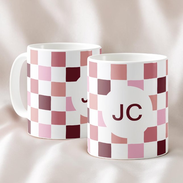 Monogram Rutig Rosa Burgunder Modern Enkel Kaffemugg (Monogram Checkered Pink Burgundy Modern Simple Coffee Mug)