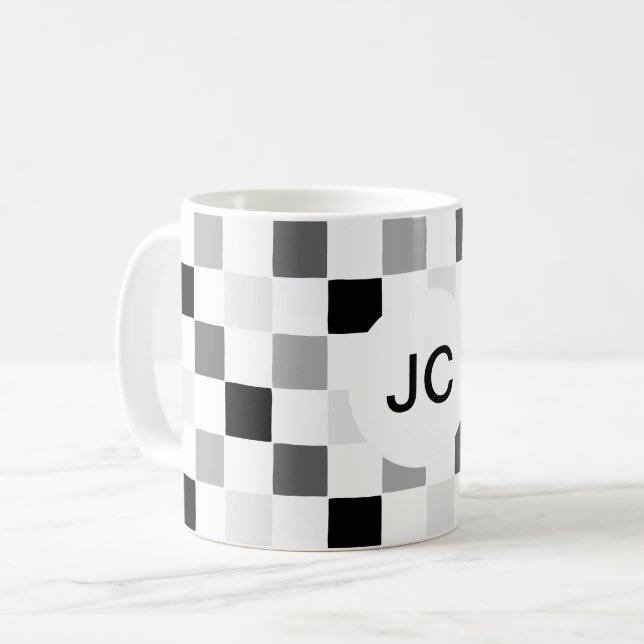 Monogram Rutig Svart och Vit Modern Enkel Kaffemugg (Framsida vänster)