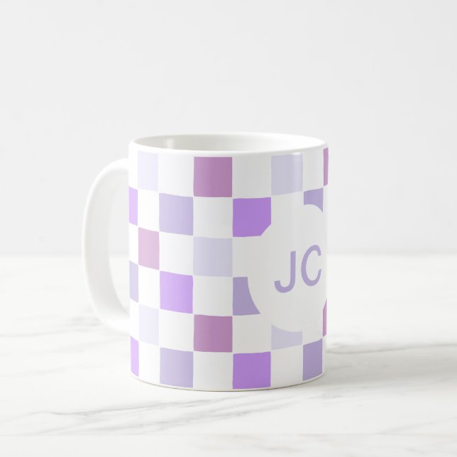 Monogram Rutiga Lila Lavendel Modern Enkel Kaffemugg (Framsida vänster)