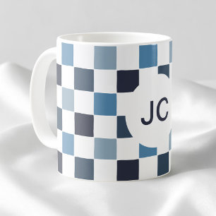 Monogram Rutigt Blå Vitt Modernt Enkelt Kaffemugg
