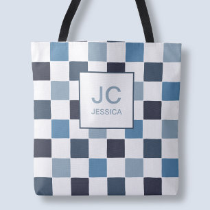 Monogram Rutigt Blått Modernt Enkla Initialer Chic Tygkasse