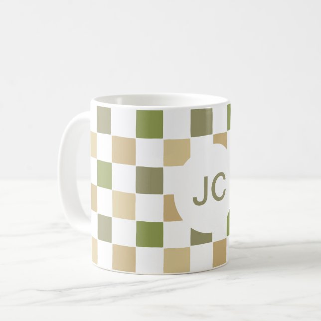 Monogram Rutigt Grönt Beige Modernt Enkelt Kaffemugg (Framsida vänster)