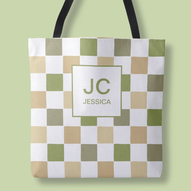 Monogram Rutigt Grönt Modernt Enkla Initialer Tygkasse (Monogram Checkered Green Modern Simple Initals Tote Bag)