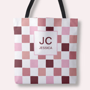 Monogram Rutigt Rosa Rött Modernt Enkla Initialer Tygkasse
