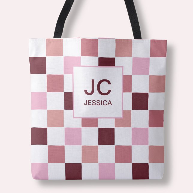 Monogram Rutigt Rosa Rött Modernt Enkla Initialer Tygkasse (Monogram Checkered Pink Red Modern Simple Initals Tote Bag)