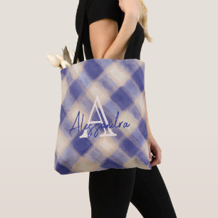 Monogram rutigt tartan marinblått kräm kalligrafi tygkasse