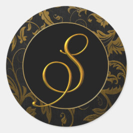 Monogram S Guld och Black Damask Wedding Seal Runt Klistermärke