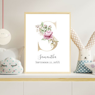 Monogram S Rosa Vitt Blommig Guld Bokstavs Nursery Poster