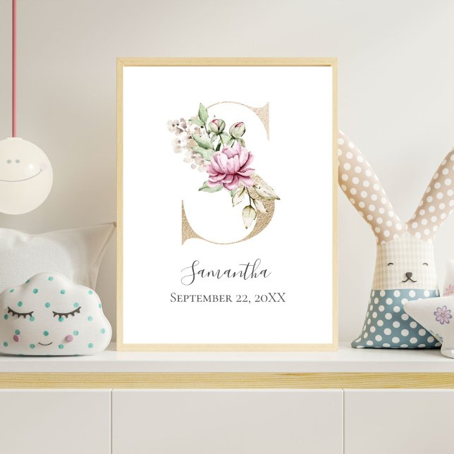 Monogram S Rosa White Blommigt Guld Brev Nursery Poster (Gold Monogram Letter S, Pink Watercolor Florals Nursery wall Art)