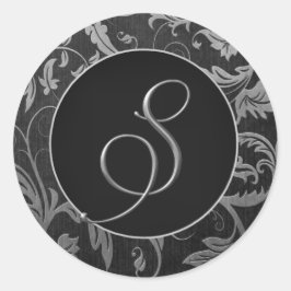 Monogram S Silver och Black Damask Wedding Seal Runt Klistermärke