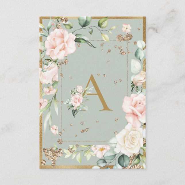 Monogram Sage Grönt Blommigt Elegant Brev A Tack Kort (Framsida)